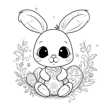 Paskalya temalı tasarımlarla çevrili siyah beyaz bir kitap sayfasında sevimli bir tavşan. Tavşanın kocaman bir gülümsemesi ve çizgi film gibi özellikleri var. Bu da onu sevimli yapıyor. Resim beyaz bir arkaplanda izole edilmiş ve canlı renklerle renklendirilmeye hazır.