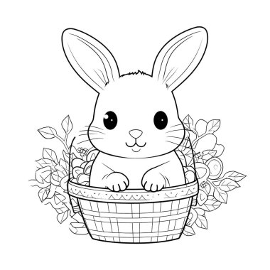 Paskalya temalı tasarımlarla çevrili siyah beyaz bir kitap sayfasında sevimli bir tavşan. Tavşanın kocaman bir gülümsemesi ve çizgi film gibi özellikleri var. Bu da onu sevimli yapıyor. Resim beyaz bir arkaplanda izole edilmiş ve canlı renklerle renklendirilmeye hazır.