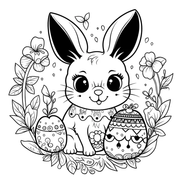 흰색으로 페이지에 귀여운 토끼가 부활절 디자인으로 둘러싸인 있습니다 토끼는 미소와 — 스톡 벡터