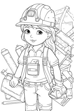 Mimarlık, çocuklar için siyah-beyaz renkli sayfalar, basit çizgiler, çizgi film tarzı, mutlu, sevimli, komik, çocuk boyama kitabındaki çizimler bir dizi farklı meslekte resmediliyor. Mutlu gülümseme