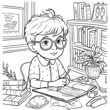 Çocuklar için siyah-beyaz renkli sayfalar, basit çizgiler, çizgi film tarzı, mutlu, sevimli, komik çocuk boyama kitabındaki çizimler bir dizi farklı meslekte resmedildi. Mutlu gülümseme