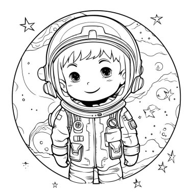 Çocuklar için siyah-beyaz renkli sayfalar, basit çizgiler, çizgi film tarzı, mutlu, sevimli, komik çocuk boyama kitabındaki çizimler bir dizi farklı meslekte resmedildi. Mutlu bir şekilde gülümse astronot.