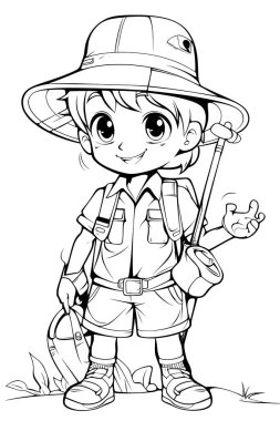 Çocuklar için siyah-beyaz renkli sayfalar, basit çizgiler, çizgi film tarzı, mutlu, sevimli, komik çocuk boyama kitabındaki çizimler bir dizi farklı meslekte resmedildi. Mutlu gülümseme