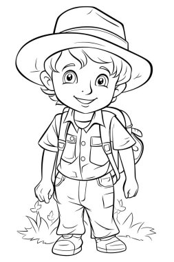 Çocuk boyama kitabındaki çizim neşeli bir gülümsemeyle mutlu bir çiftçiyi tasvir ediyor. Çiftçi geleneksel giysiler içinde, şapka ve tulumla gösteriliyor. Arka planda tarlalar, ekinler ve bir çiftlik evi var. Çiftçinin ifadesi yansıtır 