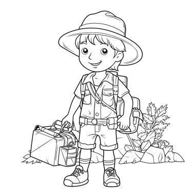 Çocuklar için siyah-beyaz renkli sayfalar, basit çizgiler, çizgi film tarzı, mutlu, sevimli, komik çocuk boyama kitabındaki çizimler bir dizi farklı meslekte resmedildi. Mutlu gülümseme