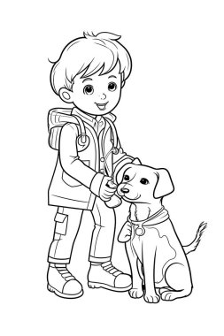 Çocuk boyama kitabındaki çizim mutlu ve gülümseyen bir veterinerin portresidir. Veteriner şefkatli ve şefkatli bir karakter olarak tasvir edilir. Beyaz bir laboratuvar önlüğü giydikleri ve steteskop ya da diğer veterinerleri tuttukları görülüyor.