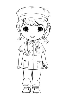 Çocuklar için siyah-beyaz renkli sayfalar, basit çizgiler, çizgi film tarzı, mutlu, sevimli, komik çocuk boyama kitabındaki çizimler bir dizi farklı meslekte resmedildi. Mutlu gülümseme