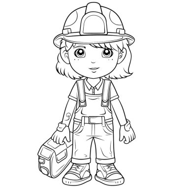 Çocuklar için siyah-beyaz renkli sayfalar, basit çizgiler, çizgi film tarzı, mutlu, sevimli, komik çocuk boyama kitabındaki çizimler bir dizi farklı meslekte resmedildi. Mutlu gülümseme