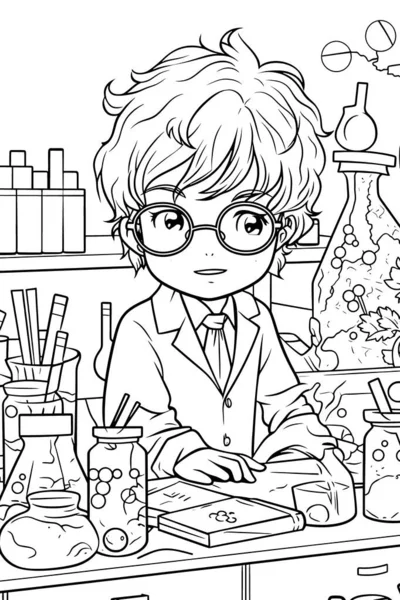 Scientist Black White Coloring Pages Kids Simple Lines Cartoon Style — Stock Photo, Image