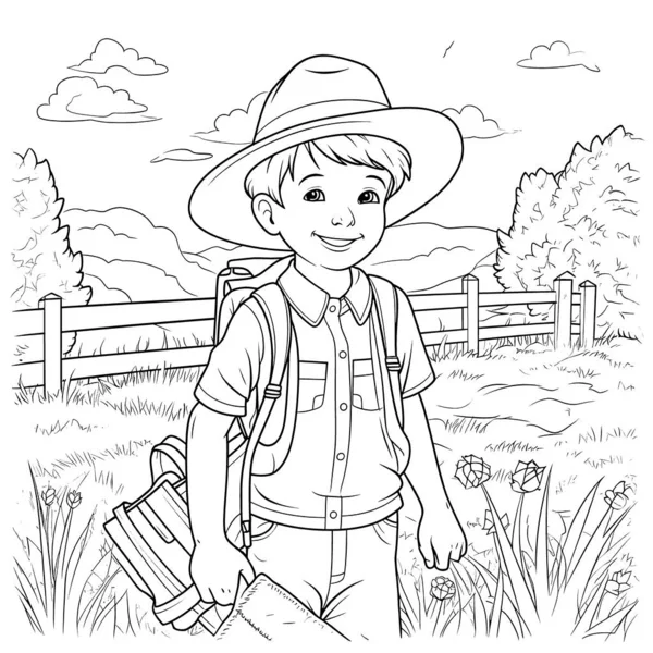 The drawing in the children\'s coloring book depicts a happy farmer with a joyful smile. The farmer is shown in traditional attire, with a hat and overalls. In the background, there are fields, crops, and a farmhouse. The farmer\'s expression reflects
