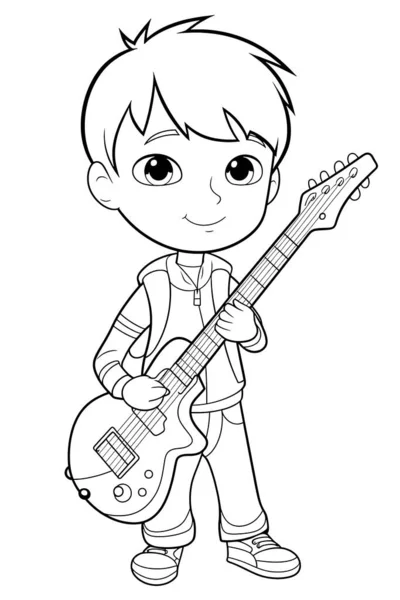 Hudebník Černobílé Omalovánky Pro Děti Jednoduché Linky Kreslený Styl Šťastný — Stock fotografie