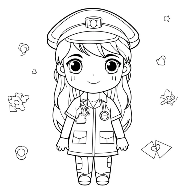 Police Officer Black White Coloring Pages Kids Simple Lines Cartoon — Stock Photo, Image