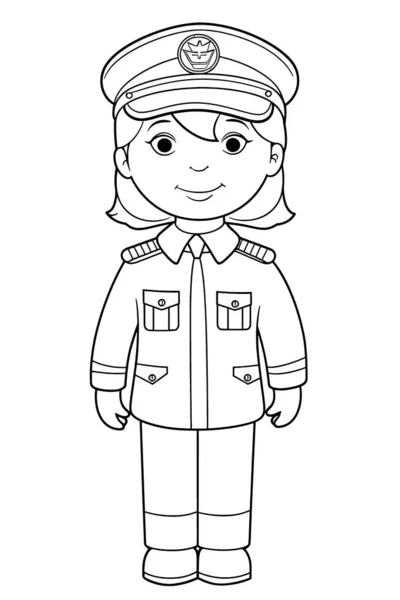 警察官 子供のための黒と白の着色ページ シンプルなライン 漫画スタイル かわいい 面白い 子供の着色本の図面は さまざまな職業のシリーズで描かれています 笑顔で — ストック写真