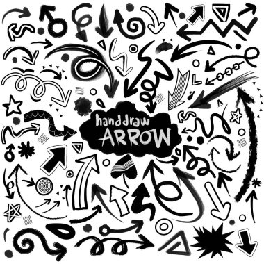 Elle çizilmiş okları toplayın. Beyaz arka planda tek başına yerleştirilmiş basit oklar. Okla işaretler. Fiyonk boyası