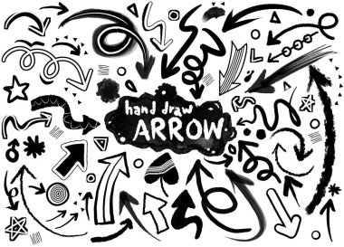 Elle çizilmiş okları toplayın. Beyaz arka planda tek başına yerleştirilmiş basit oklar. Okla işaretler. Fiyonk boyası