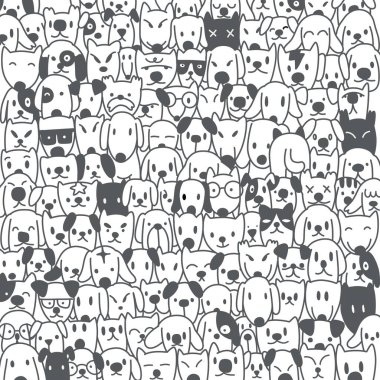 Şirin köpek koleksiyonu. Beyaz arka planda karalama yapan evcil hayvanlar. El çizimi, siyah beyaz köpekler, El çizimi Doodle.