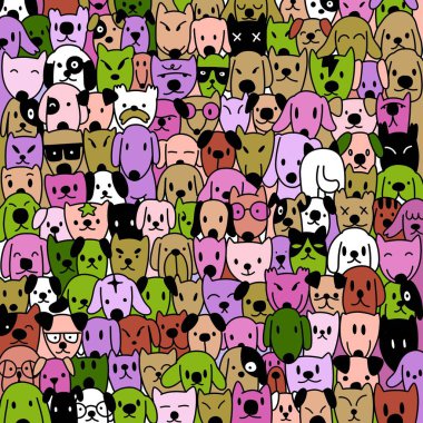 Şirin köpek koleksiyonu. Beyaz arka planda karalama yapan evcil hayvanlar. El çizimi, siyah beyaz köpekler, El çizimi Doodle.