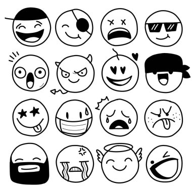 Doodle Emoji yüz ikonu koleksiyonu. El çizimi tasarım. Mutlu, üzgün ve gülümseyen yüzler de dahil olmak üzere çeşitli ruh halleri olan Emojiler. Çizgi roman sanatı. 