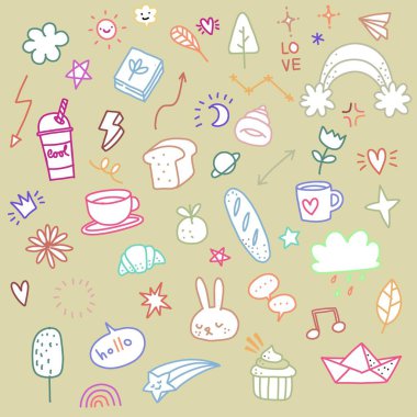 Sevimli el çizimi karalama seti, aşk, sevimli şey, sevimli hayvanlar ve yaratıcı tasarım koleksiyonu, illüstrasyon