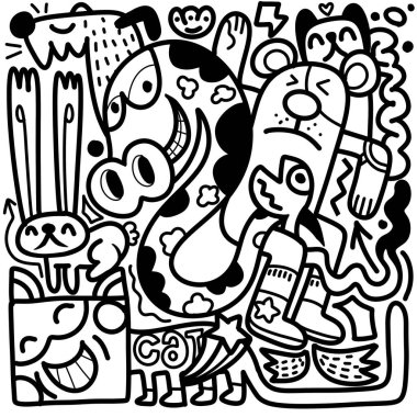 Psikedelik neon, ürpertici yaratıklar, dağınık, organik formlar ve şekiller, kawaii, renkli karikatür, illüstrasyon vektörü tarzında çizgi film karakterlerinin karalama, siyah beyaz çizimi. 