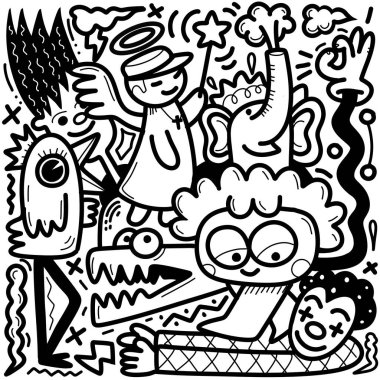 Doodle, black and white drawing of various cartoon people, in the style of playful mythology, kidcore, organic forms and patterns, intense color saturation, chilling creatures, datamosh, lit kid clipart