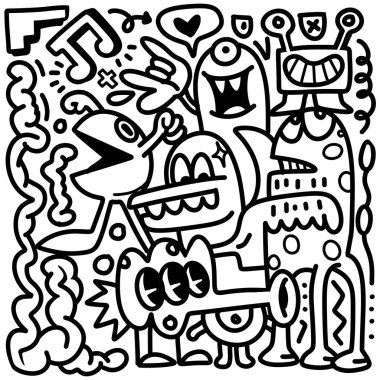 Psikedelik neon, ürpertici yaratıklar, dağınık, organik formlar ve şekiller, kawaii, çizgi sanat karikatürü, illüstrasyon vektörü tarzında çizgi film karakterlerinin karalama, siyah beyaz çizimi.