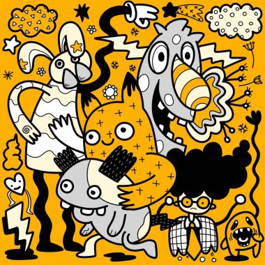Karikatür, çizgi film canavarlarının ve çizgi filmlerin sarı arka planda çizimi, siyah beyaz soyutlama, neşeli figüratif sanat, açık siyah ve sarı, katçekirdek, illüstrasyon, hayvanlar ve insanlar, el boyama, illüstrasyon vektörü, 