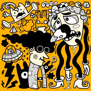 Karikatür, karikatür canavarları ve karikatür çizimleri sarı arka planda, siyah beyaz soyutlama tarzında, neşeli figüratif sanat, açık siyah ve sarı, hayvanlar ve insanlar, el boyama, illüstrasyon vektörü 