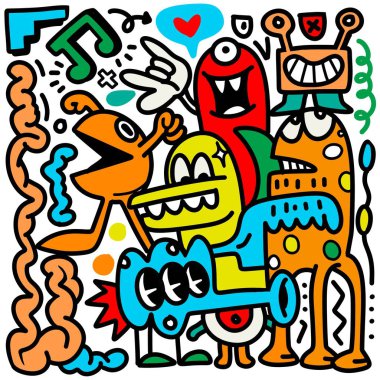 Karalama, renkli çizgi film karakterlerinin el çizimi tasviri, psikedelik absürt, cesur hatlar, ürpertici yaratıklar, barok delilik, çocuk çizimi, Çizim Vektörü 