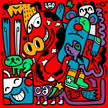 Doodle, çizgi film tarzında bir grup çizgi film karakteri, canlı neo-dışavurumculuk, dinamik çizgi çalışması, kabus gibi yaratıklar, hurda punk, açık gök mavisi ve turuncu, illüstrasyon vektörü.