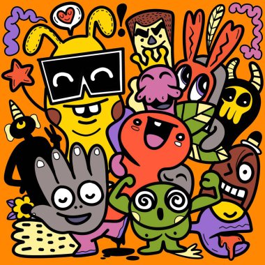 Doodle, çizgi film tarzında bir grup çizgi film karakteri, canlı neo-dışavurumculuk, dinamik çizgi çalışması, kabus gibi yaratıklar, hurda punk, açık gök mavisi ve turuncu, illüstrasyon vektörü.