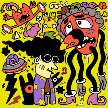 Doodle, çizgi film tarzında bir grup çizgi film karakteri, canlı neo-dışavurumculuk, dinamik çizgi çalışması, kabus gibi yaratıklar, hurda punk, açık gök mavisi ve turuncu, illüstrasyon vektörü.