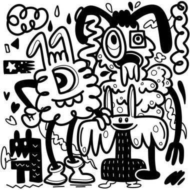 Doodle 'ın sevimli canavar arkaplanının vektör çizimi, El Karalama, siyah beyaz, boyama kitabı   