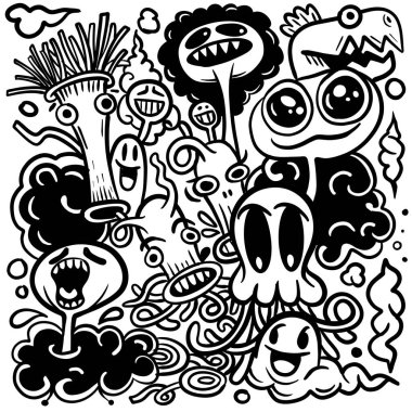 Doodle 'ın sevimli canavar arkaplanının vektör çizimi, El Karalama, siyah beyaz, boyama kitabı   