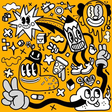 Doodle sevimli arkaplanının az renginde vektör çizimi, El çizimi Doodle