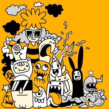 Doodle sevimli arkaplanının az renginde vektör çizimi, El çizimi Doodle