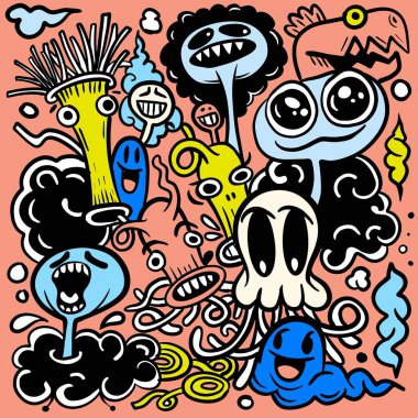 Doodle 'ın sevimli canavar arkaplanının vektör çizimi, El çizimi Doodle