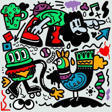 Doodle 'ın sevimli canavar arkaplanının vektör çizimi, El çizimi Doodle