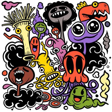 Doodle 'ın sevimli canavar arkaplanının vektör çizimi, El çizimi Doodle