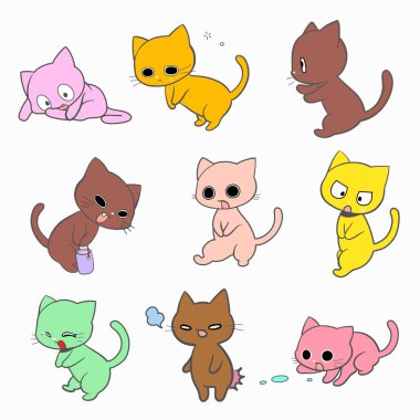 Vektör el, kawaii Kitty klipsi çizimi sanatı minimuma indirdi. Çocuklar için çeşitli jestler ve ifadeler koleksiyonu