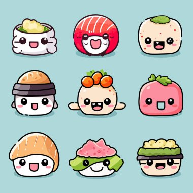 Şirin suşi ve kawaii usulü gülen yüzlü rulo şeklinde vektör karakter koleksiyonu. Tatlı suşi ve rulo... geleneksel Japon mutfağı.