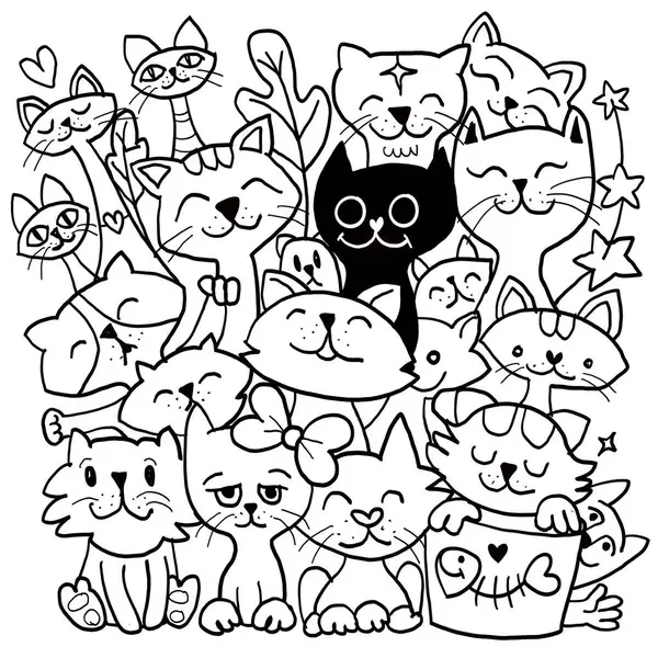 Uma Coleção Encantadora Gatos Desenhos Animados Alegres Retratados Várias Poses Ilustração De Stock