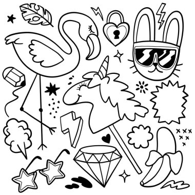 Tekboynuz, flamingo ve güneş gözlüklü tavşan karalamalarının yanı sıra neşeli yıldız ve şekillerin yer aldığı vektör illüstrasyonu
