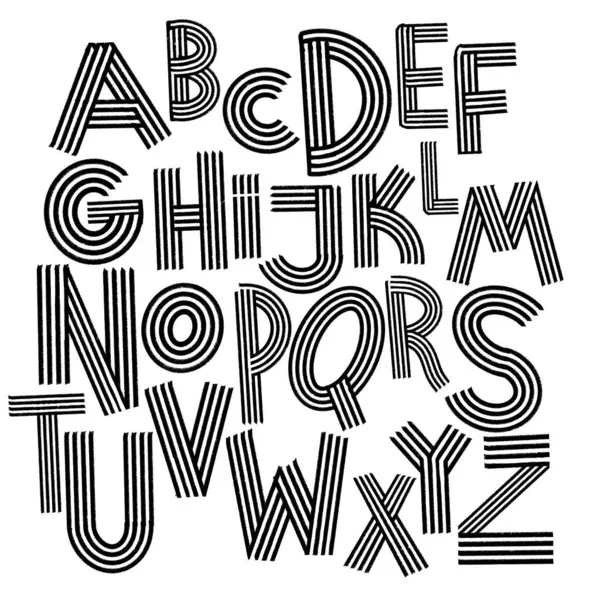 ユニークなストライプタイポグラフィデザインを特徴とする黒と白のアルファベット文字の完全なセット 芸術的かつ教育的な使用に最適 ストックベクター