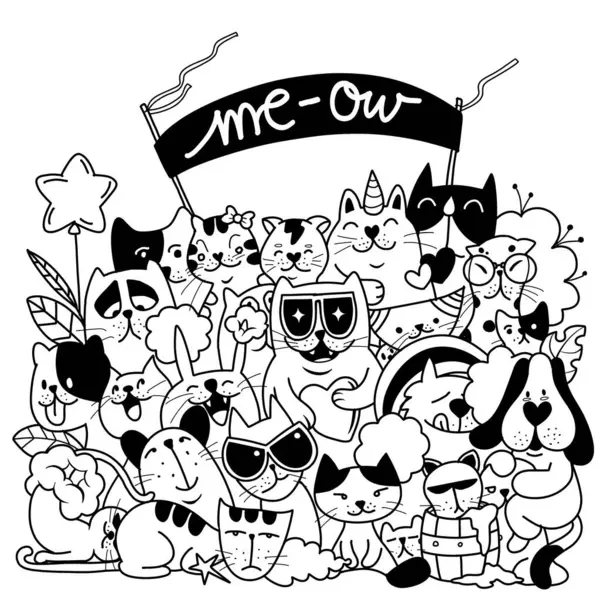Радостная Черно Белая Иллюстрация Различных Кошек Закрашенных Очаровательными Аксессуарами Создающая Лицензионные Стоковые Иллюстрации