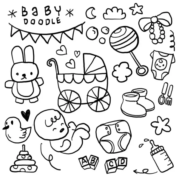 Dies Ist Eine Verspielte Sammlung Handgezeichneter Babybezogener Kritzeleien Einschließlich Spielzeug Vektorgrafiken