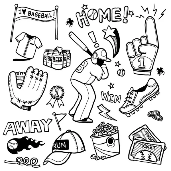 Eine Sammlung Handgezeichneter Baseball Doodles Mit Ausrüstung Snacks Und Spielbezogenen Stockvektor
