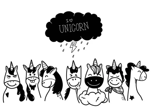 Una Colección Unicornios Dibujados Mano Con Diferentes Expresiones Bajo Una Vectores De Stock Sin Royalties Gratis