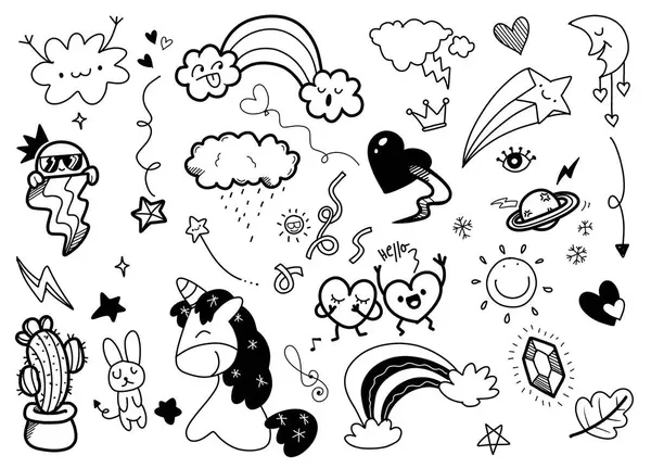 Een Vrolijke Mix Van Zwart Wit Doodles Met Vrolijke Wolken Rechtenvrije Stockillustraties