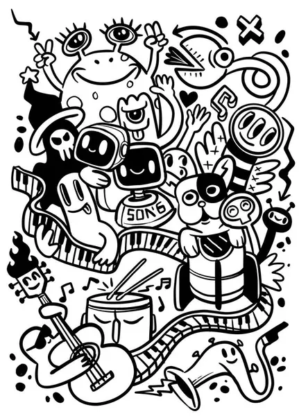 Ilustración Blanco Negro Repleta Alegres Personajes Dibujos Animados Disfrutando Animado — Vector de stock